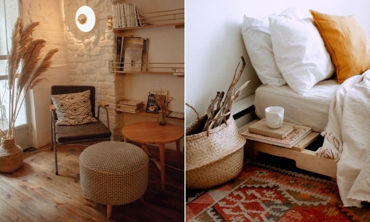 Montagem com duas fotos de decoração de outono uma de canto com mesa, cadeira e livros e outra de parte do quarto com cama e vesto de palha 