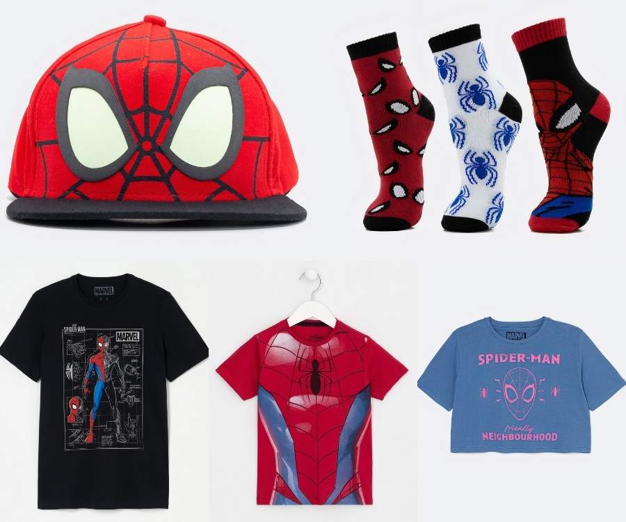 Produtos de lançamento da Renner de 60 anos do  Spyder Man. Boné, meias, camisetas e crooped.
