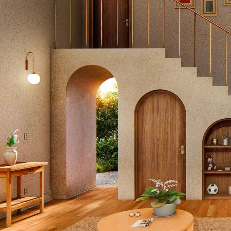 Escada decorada com quadros.