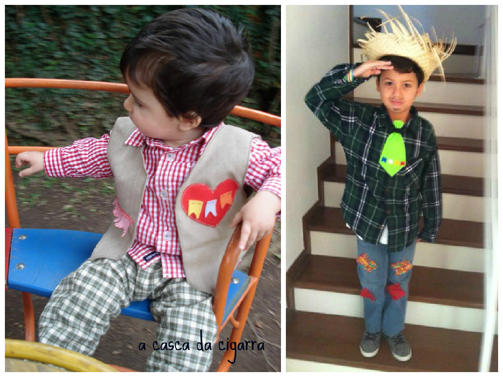 Meninos usando roupa de festa junina, incluindo camisas xadrez
