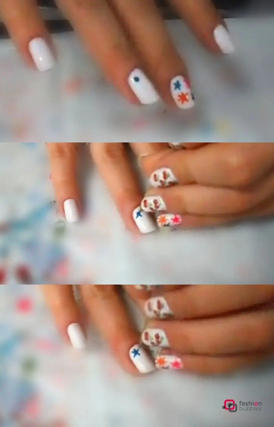 Imagens de mão de mulher fazendo estrela na unha com esmalte azul. 