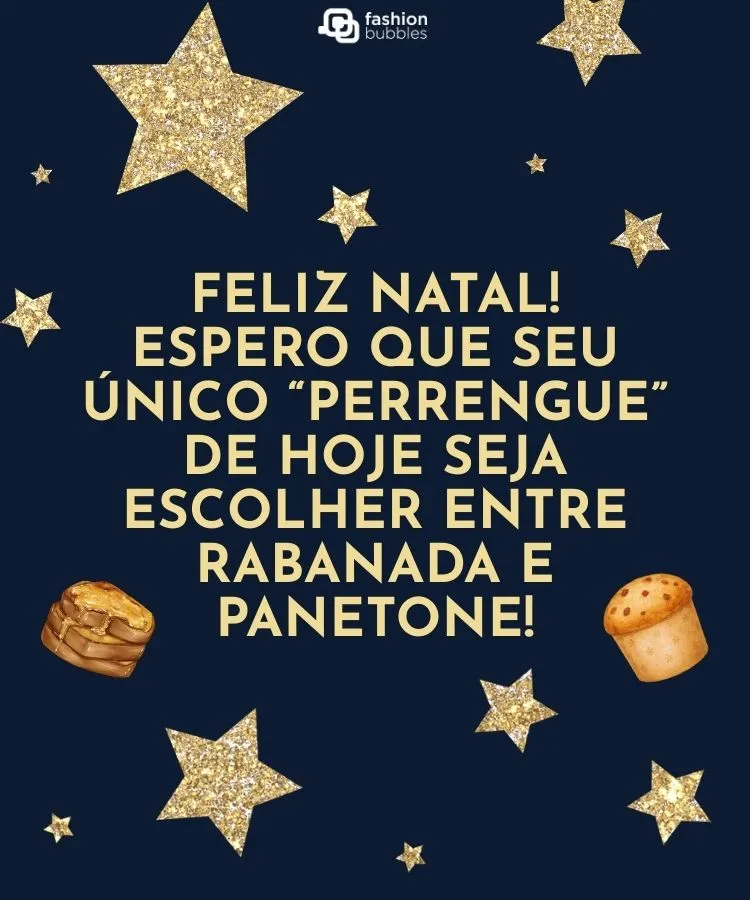 Fundo azul marinho com desenho de estrelas douradas e mensagem divertida de feliz Natal