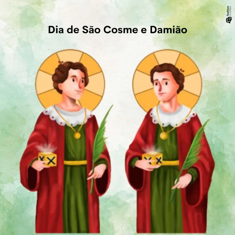 Montagem com ilustração santos cosme e damião em fundo verde