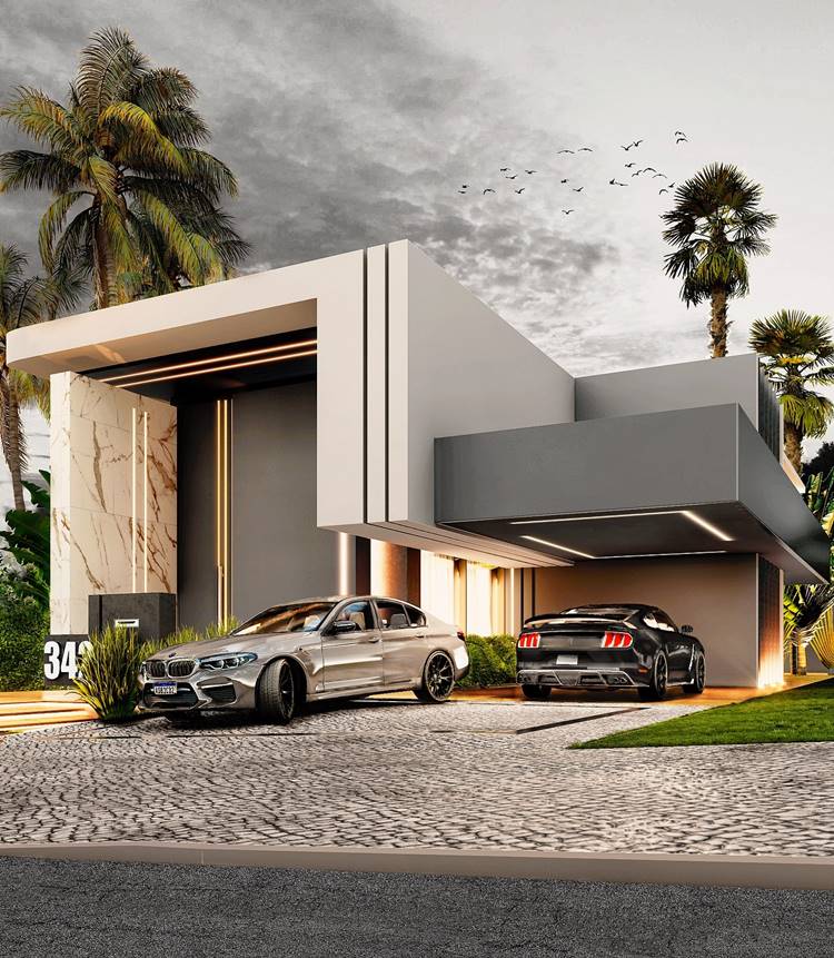 A casa tem um design arquitetônico minimalista, que é uma tendência moderna que busca simplicidade e funcionalidade