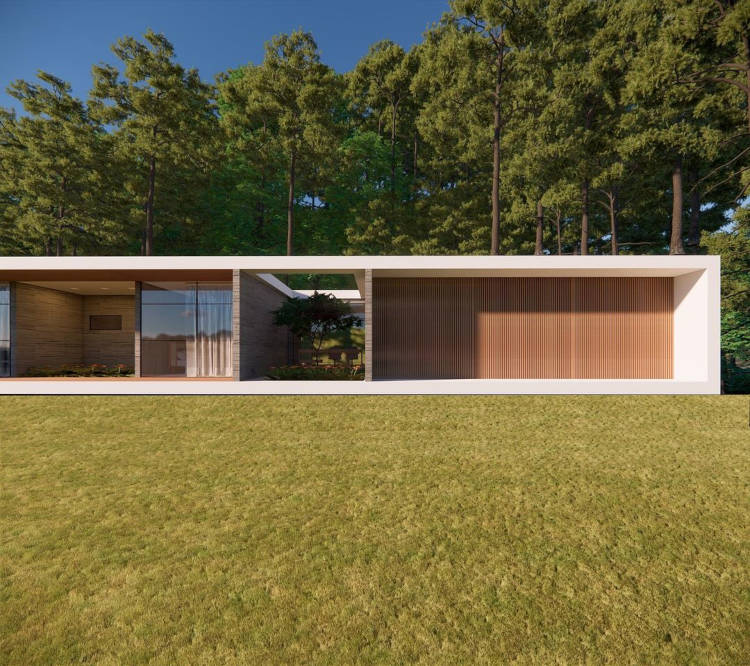 Fachada de casa moderna retangular.