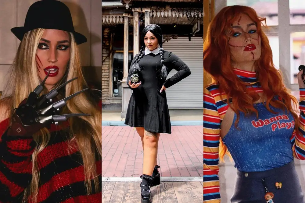 Foto com mulheres usando fantasias de Freedy Krueger, Wandinha Addams e Chucky para o Halloween.