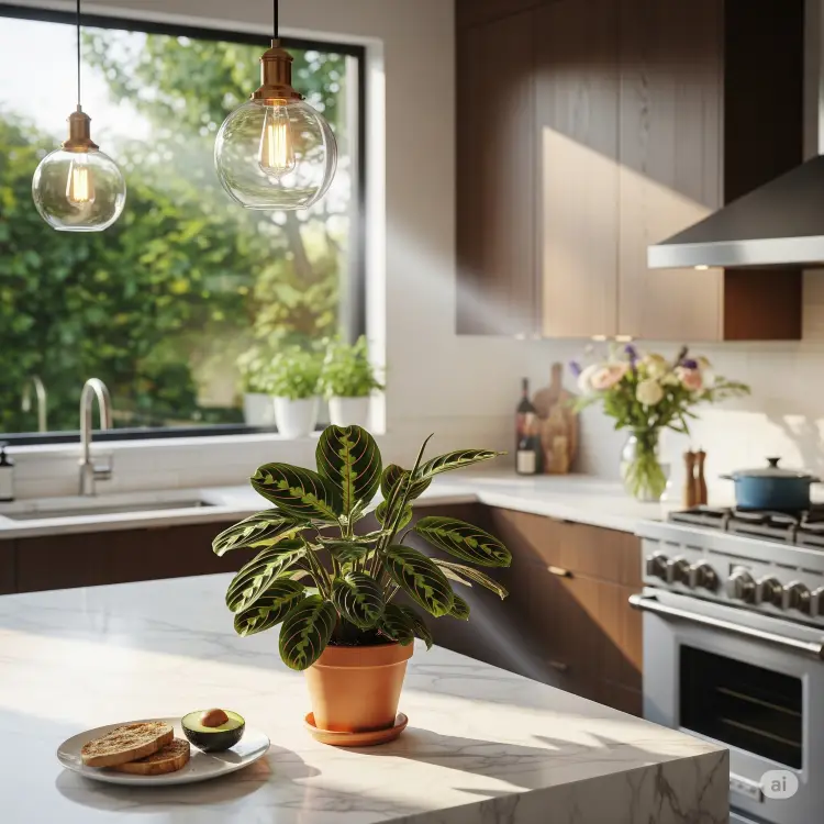 Cozinha moderna com balcão de mármore branco e armários de madeira. Em primeiro plano, uma planta calathea em vaso de terracota, ao lado de um prato com torradas e abacate. Luminárias pendentes iluminam o espaço.







