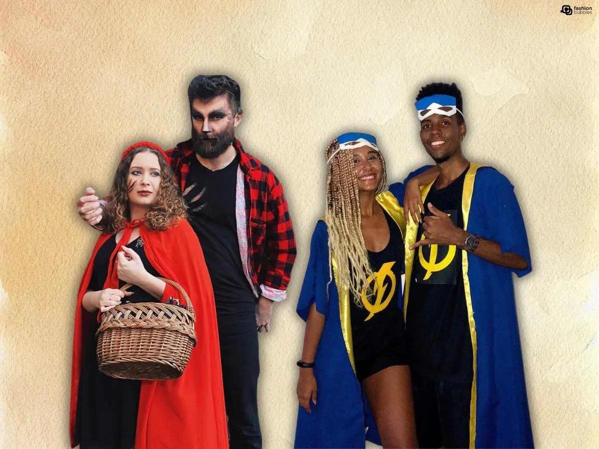 Dois casais fantasiados para o Halloween, de Chapeuzinho Vermelho e Lobo Mau e de Super Choque