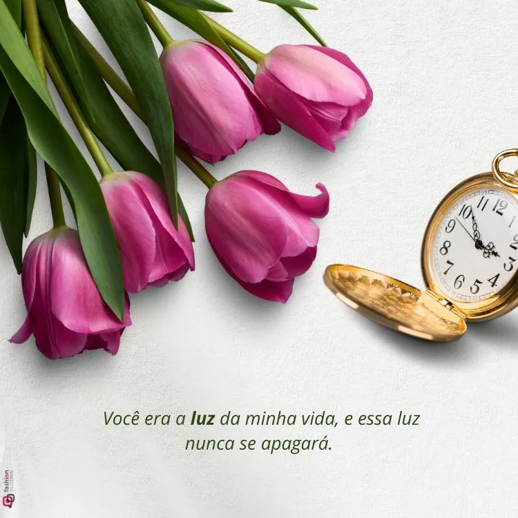 Foto de mesa branca com flores rosas e relógio de bolso, além de frase "Você era a luz da minha vida, e essa luz nunca se apagará."