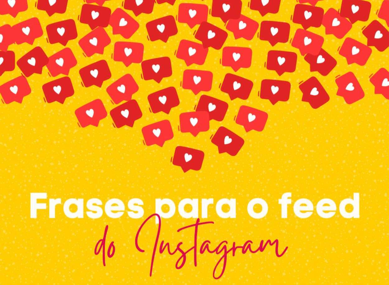 Cartão de fundo amarelo com curtidas do Instagram e frase "Frases para o feed do Instagram"