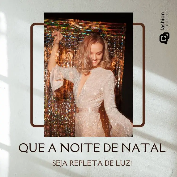 Mulher com vestido brilhante com frases para look de Natal