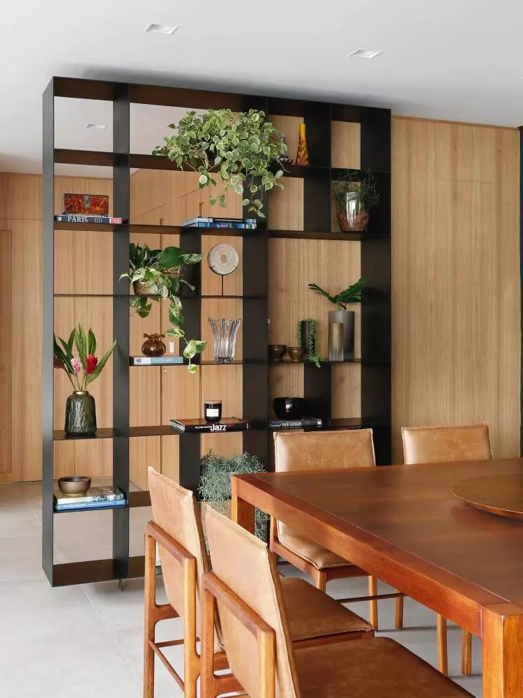 Estante preta dividindo cômodos, com nichos vazados. Nela, há vasos de plantas, livros e outros adornos. 