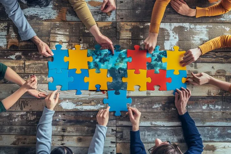 Várias mãos colaboram para montar um quebra-cabeça colorido sobre uma mesa rústica de madeira. As peças representam trabalho em equipe, união e cooperação para alcançar um objetivo comum, simbolizando a construção de soluções em conjunto.
