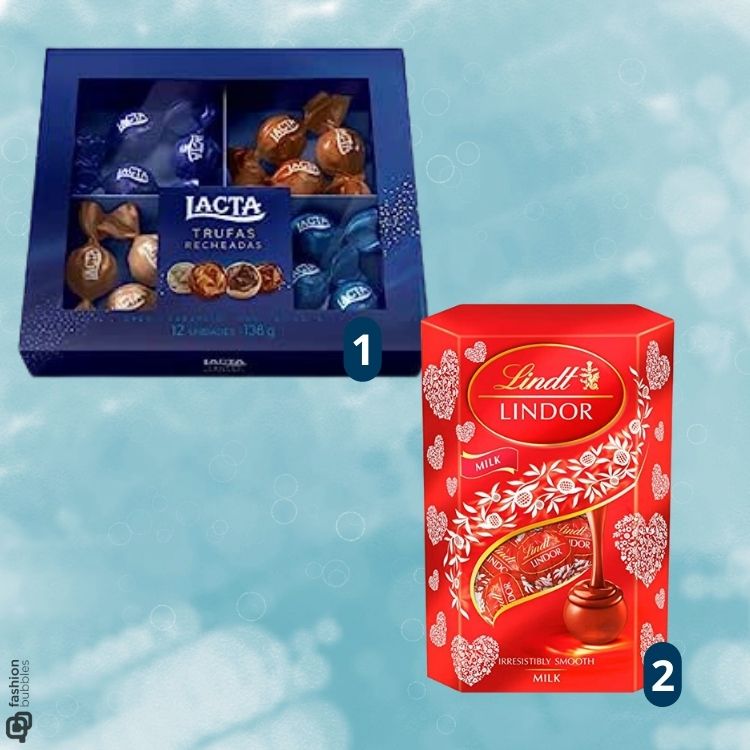Montagem de fundo verde com duas caixas de chocolate, uma azul da Lacta e uma vermelha da Lindt