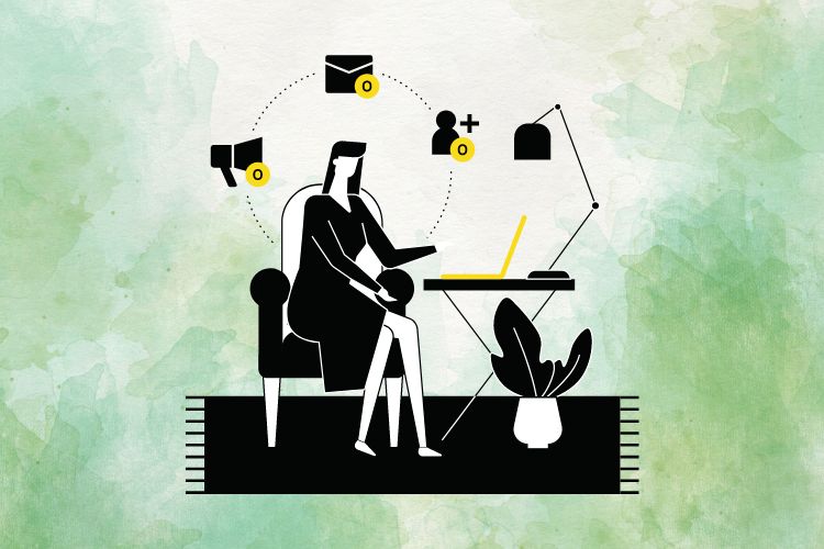 ilustração de mulher usando as redes sociais enquanto trabalha