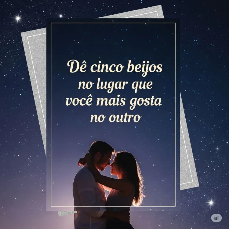 Um cartão romântico com a instrução "Dê cinco beijos no lugar que você mais gosta no outro". A imagem de fundo é um casal abraçado e beijando-se contra um céu estrelado, com um brilho suave e bordas decorativas.