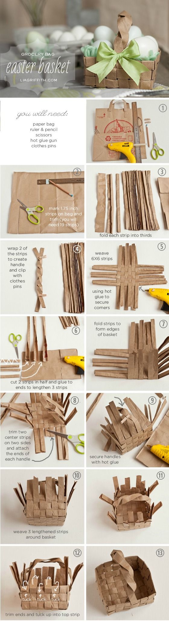 Passo a passo de cesta feita de filetes de sacolas de papel kraft 