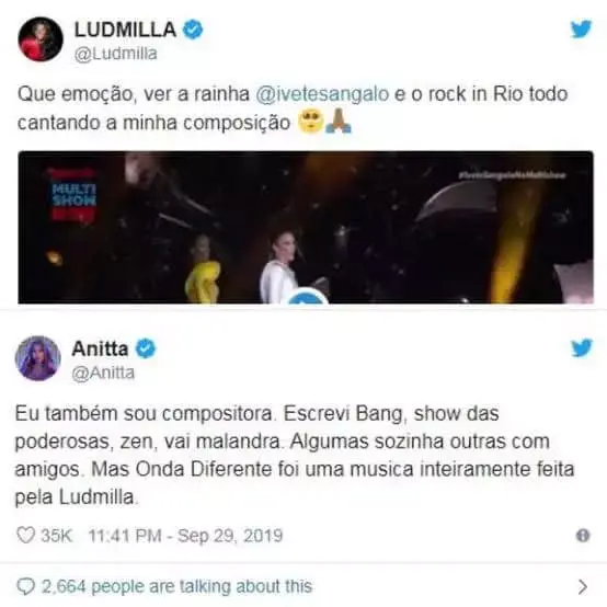 Twitter de Ludmilla agradecendo a Ivete, já que originalmente a música A Onda é sua Ludmilla X Anitta - Twitter de Ludmilla agradecendo a Ivete, já que originalmente a música é sua