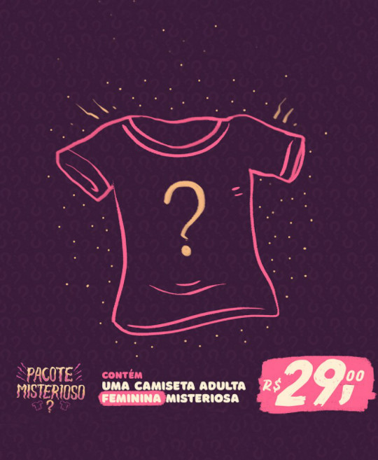 Cartaz do pacote misterioso, com fundo roxo, desenho de camiseta e informações da promoção