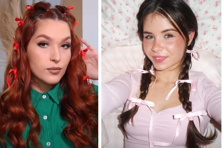 duas mulheres usando penteado de Carnaval com lacinhos de cetim, uma usa vermelho e outra rosa-bebe
