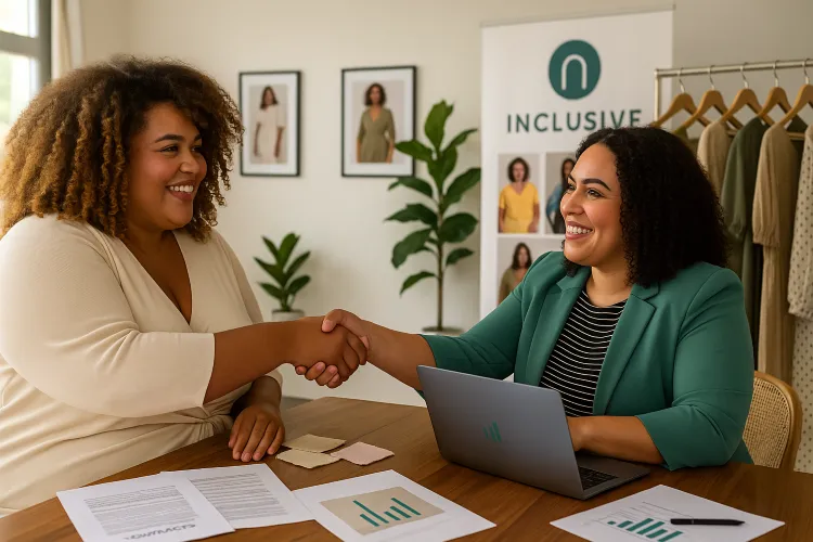 A imagem mostra duas mulheres em um ambiente profissional. Elas estão sentadas à mesa, apertando as mãos e sorrindo, sugerindo um acordo ou conclusão de negócio. À esquerda, uma mulher de pele média-escura com cabelo afro veste uma blusa creme. À direita, uma mulher de pele clara usa blazer verde sobre uma blusa listrada preta e branca. Na mesa, há documentos rotulados como "CONTRATOS", gráficos, amostras de tecido e um laptop aberto. O ambiente é moderno, com plantas e um banner com a palavra "INCLUSIVO". O cenário reflete profissionalismo e colaboração.
