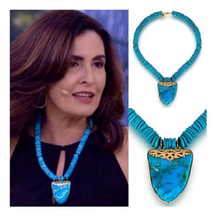 Foto de Fátima Bernardes usando colar da Cris Porto, ao lado, detalhes do colar