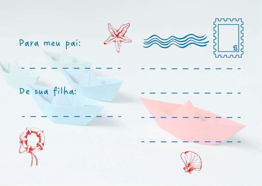cartão para dia dos pais com fundo de barcos de papel, desenho de concha, estrela do mar. selo e espaço para escrever remetente, destinatário e mensagem