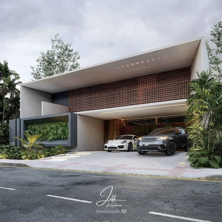 Fachada de casa moderna com dois carros na garagem.