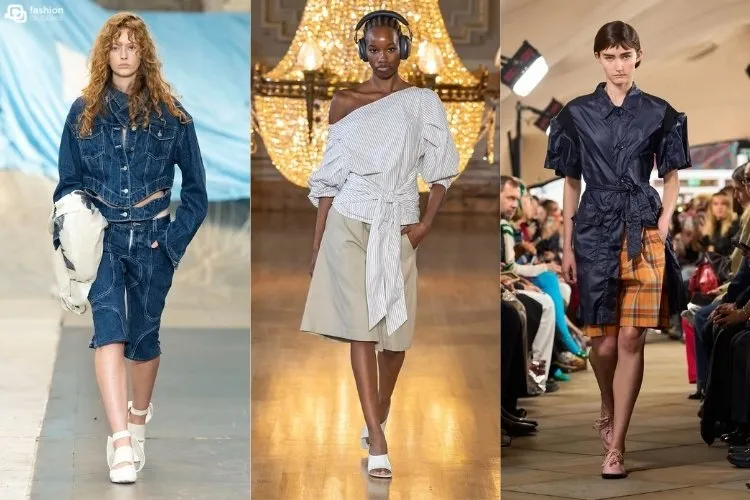 Modelos usando bermuda, uma das tendências da London Fashion Week Primavera Verão 2027