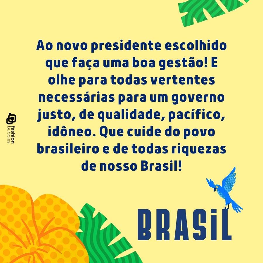 Frase escrita em fundo amarelo com desenho de folhas, flor e arara azul.