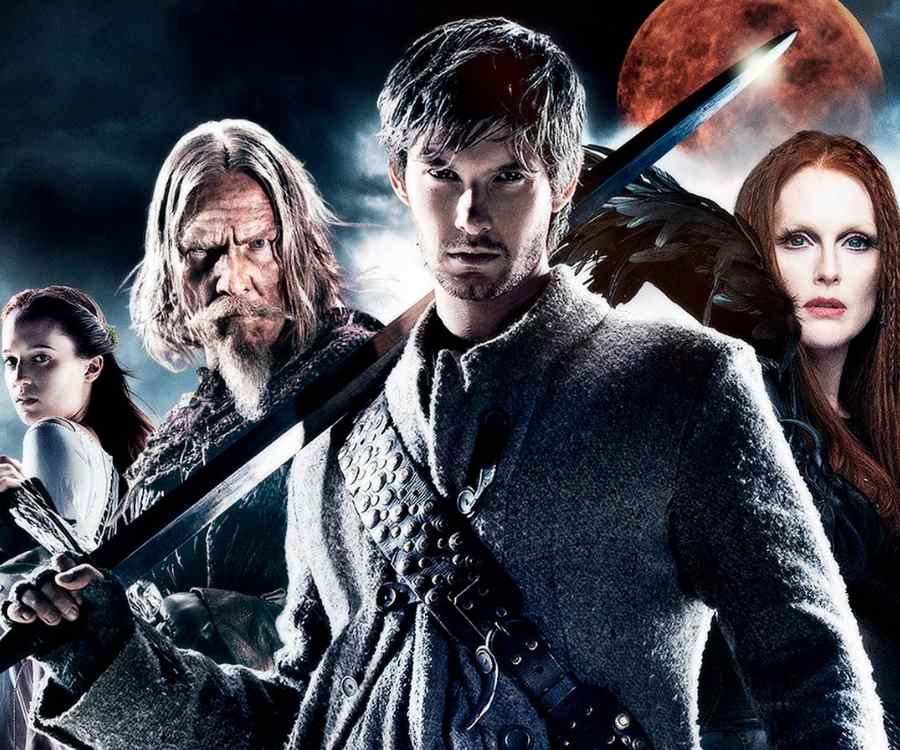 4 personagens do filme "O Sétimo Filho" em pôster. Atores Alicia Vikander, Jeff Bridges, Ben Barnes e Julianne Moore.