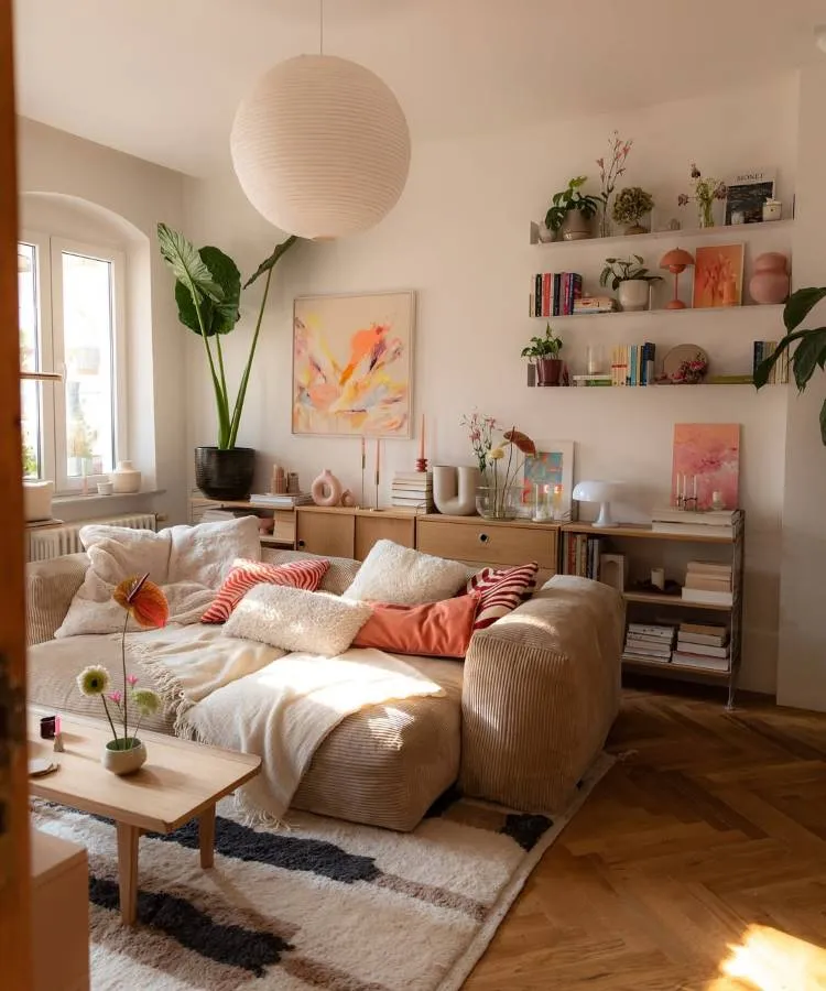 Uma sala de estar iluminada com sofá grande e muitas almofadas para sala em tons neutros e coral. Uma mesa de centro de madeira com flores delicadas. Prateleiras flutuantes na parede exibem livros e plantas. Uma luminária pendente redonda e uma grande planta complementam o espaço.








