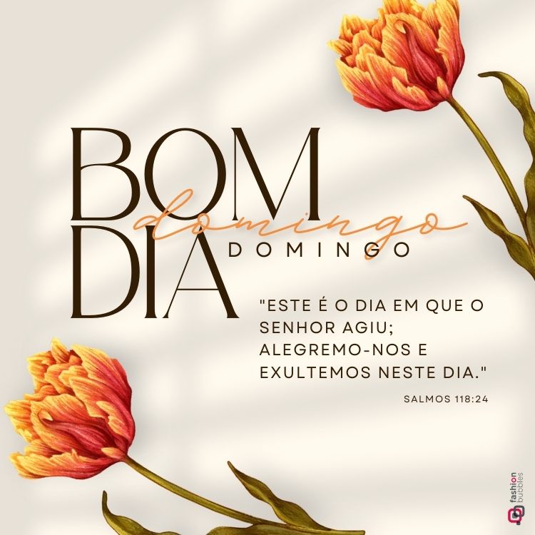 A imagem tem o fundo bege claro com sombras suaves de folhas. Em destaque, "Bom Dia" em letras grandes e "domingo" em laranja cursivo. Há flores laranjas nos cantos e o versículo Salmos 118:24 sobre alegria no Senhor.