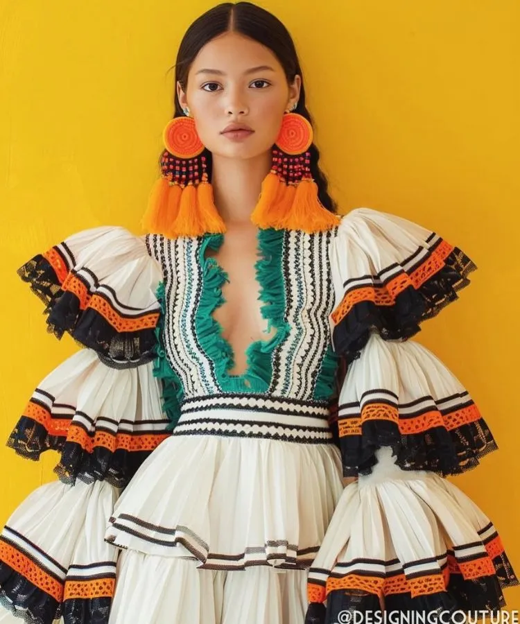 Uma modelo posa em um vestido branco plissado com um decote em V profundo e babados verdes. O vestido apresenta detalhes em preto e laranja e mangas volumosas com babados. A modelo usa brincos de borla laranja e um colar de miçangas.

