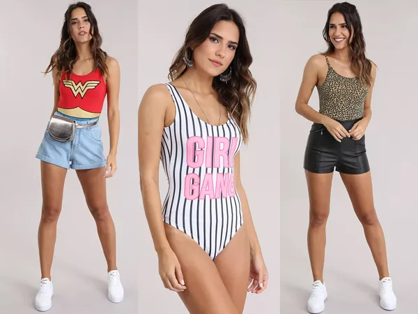 Montagem com 3 fotos de mulher d epele clara usando bodies para o Carnaval: de mulher maravilha, de "girl gang" e de oncinha