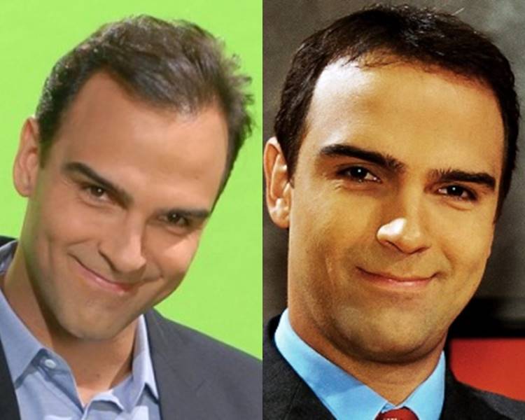 Montagem com 2 fotos de Tadeu, ambas usando terno e camisa azul, mas a da direita é mais antiga