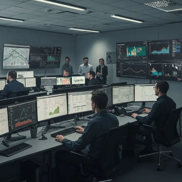 A imagem mostra um centro de operações moderno, onde vários profissionais monitoram telas exibindo gráficos e dados complexos, refletindo as tendências tecnológicas em análise e gestão de informações. O ambiente é colaborativo, com grupos discutindo em frente a grandes monitores.

