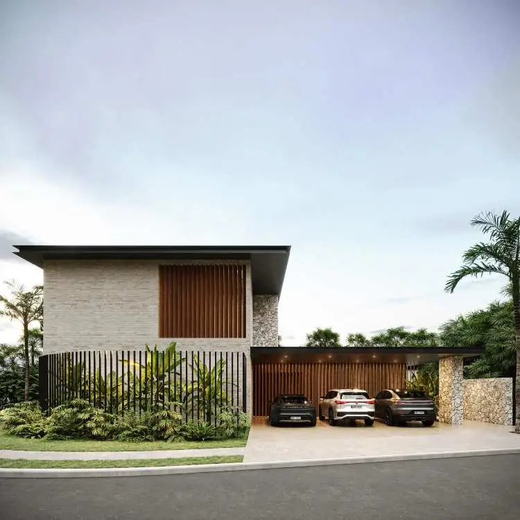 Fachada contemporânea de casa com elementos em madeira ripada, pedras e telhado plano. Paisagismo tropical com arbustos verdes e treliça moderna. Garagem ampla com três carros, iluminação direta e entrada com design minimalista e sofisticado.