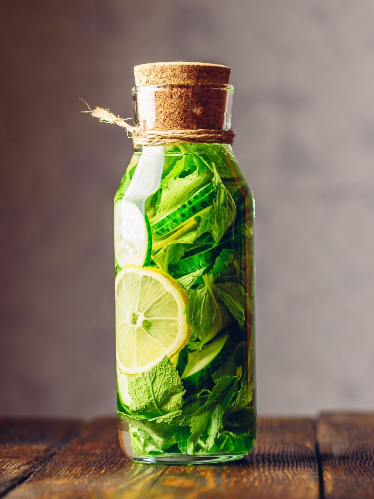 Água de Verão saborizada com rodelas de limão, pepino e raminhos frescos de hortelã

