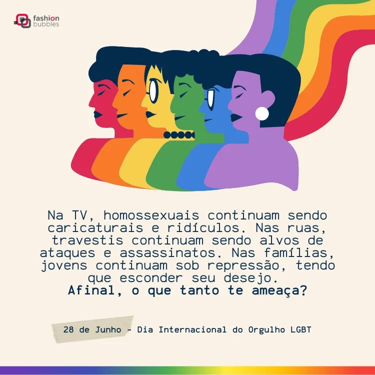 Desenho colorido de pessoas e fras: Na TV, homossexuais continuam sendo caricaturais e ridículos. Nas ruas, travestis continuam sendo alvos de ataques e assassinatos. Nas famílias, jovens continuam sob repressão, tendo que esconder seu desejo. Afinal, o que tanto te ameaça?