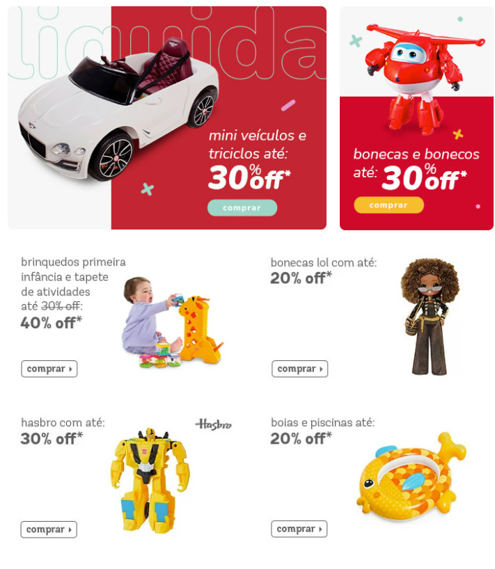 Print de tela da Tricae com opções de brinquedos