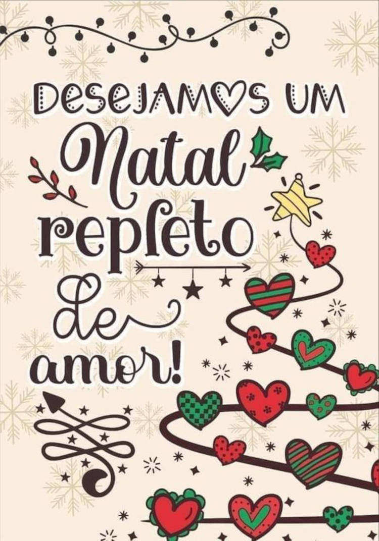 Cartão virtual de fundo bege com desenho de flocos de neve, desenho de árvore natalina de fita e frase: Desejamos um Natal repleto de amor! 