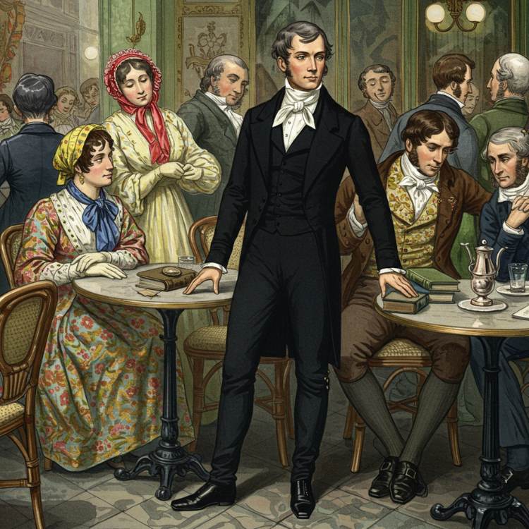 Homem elegante em traje formal do século XIX está de pé em café europeu, cercado por indivíduos em reunião social. Ele veste smoking preto com gravata branca, enquanto grupos ao fundo conversam em um ambiente decorado refinado.