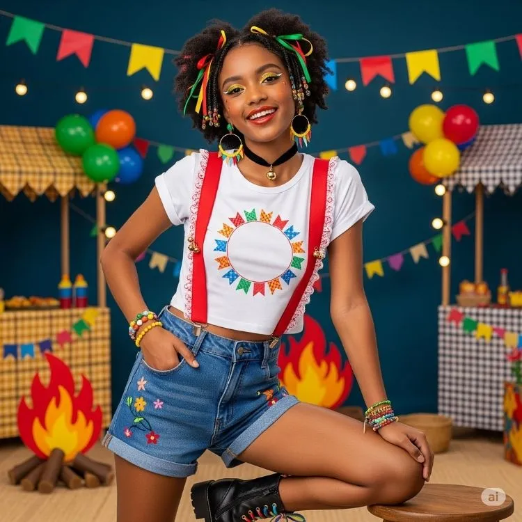 Uma jovem sorridente com cabelos cacheados e fitas coloridas apresenta um dos looks de festa junina 2025. Ela veste um top branco estampado com bandeirinhas, shorts jeans com bordados florais e suspensórios vermelhos. A jovem usa pulseiras coloridas, brincos grandes e uma gargantilha preta com um pingente de girassol. Ao fundo, decorações festivas como bandeirolas, balões e fogueiras de papelão criam a atmosfera de uma celebração junina brasileira.


