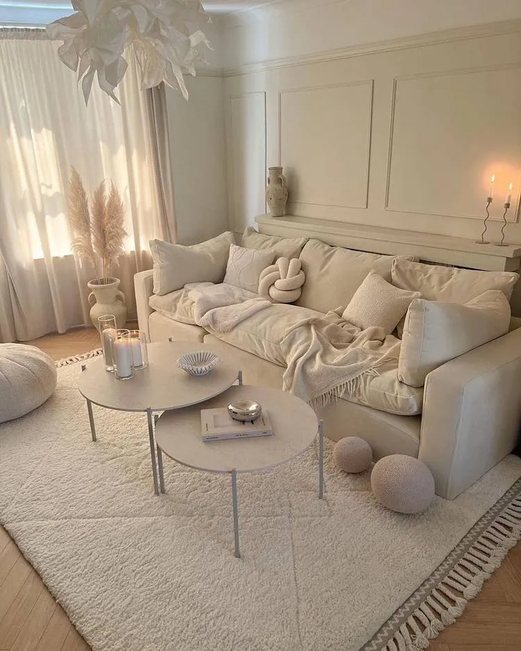 Sala completamente off-white, sofá, tapete, paredes, objetos, tudo na mesma tonalidade