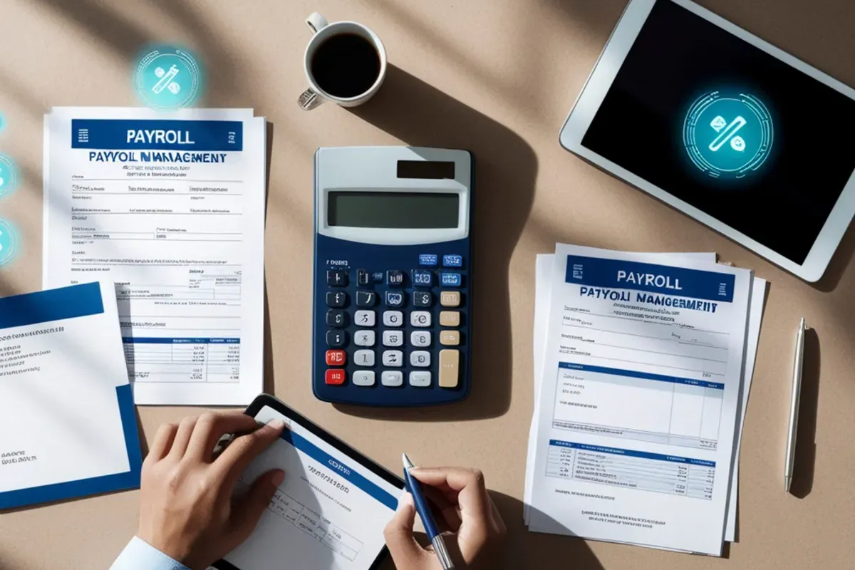 Mesa com documentos de folha de pagamento, calculadora e tablet representando gestão financeira e crédito
