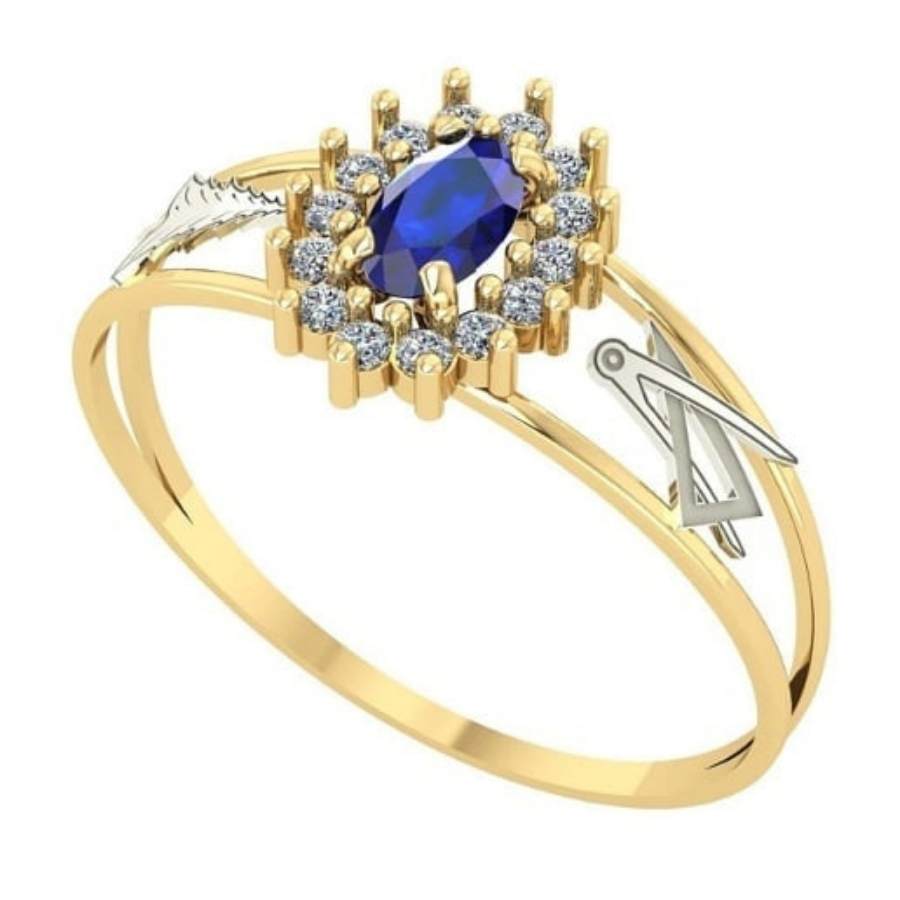 Anel dourado com detalhes em prata, brilhantes e pedra azul