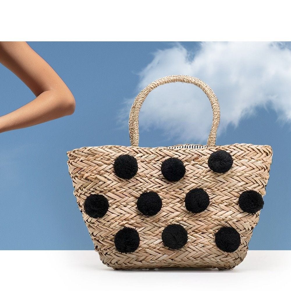 presentes para o dia das maes bolsa de palha decorada com pompons preto