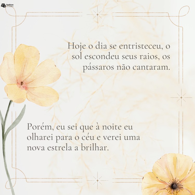 Cartão virtual de fundo bege com desenho de flores amarelas e frase "Hoje o dia se entristeceu, o sol escondeu seus raios, os pássaros não cantaram. Porém, eu sei que à noite eu olharei para o céu e verei uma nova estrela a brilhar. "
