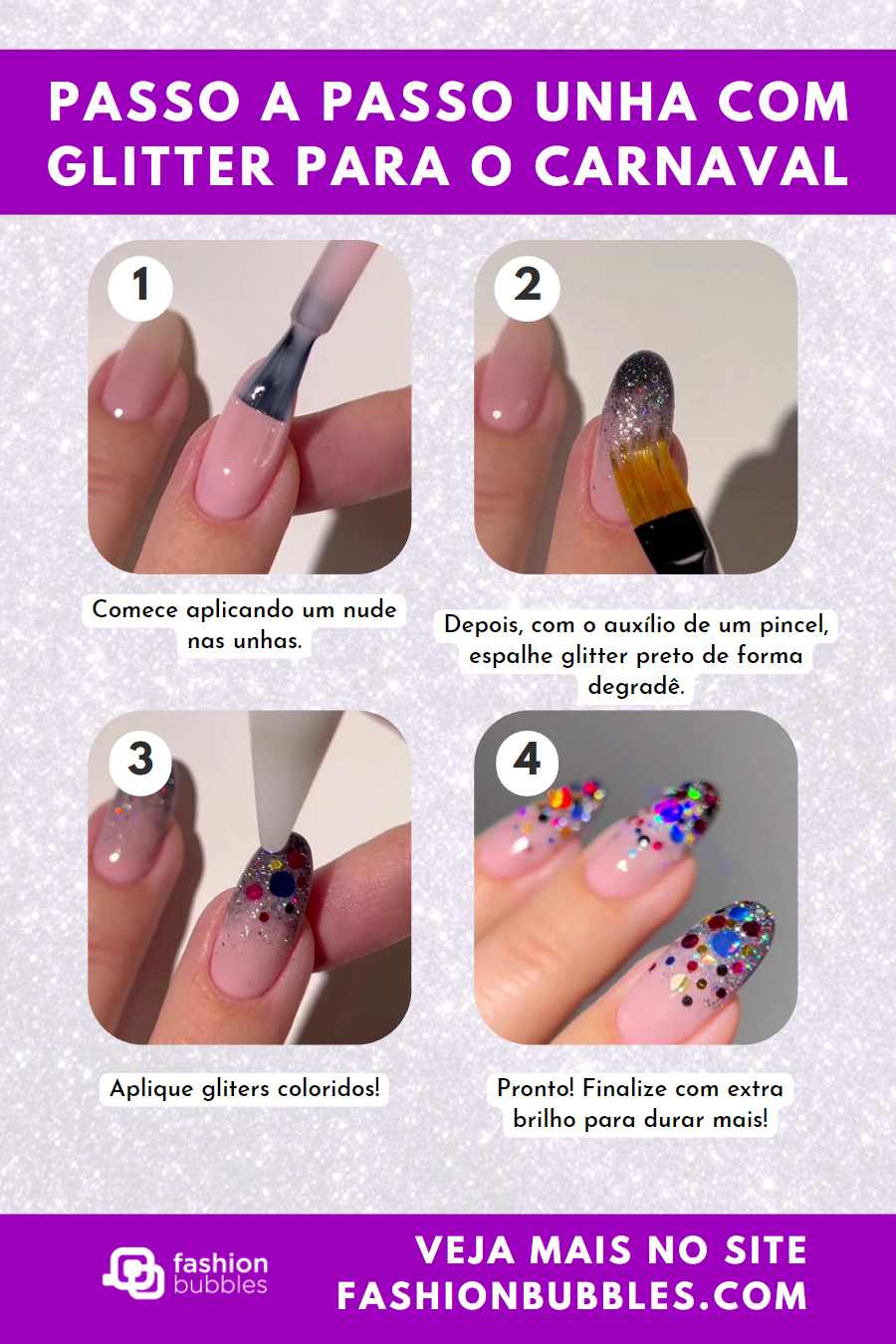 Montagem com passo a passo de unha com glitter para o Carnaval.